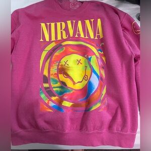 Nirvana Smile Overdyed Crew Neck Sweatshirt in Pink, Women's at Urban Outfitters